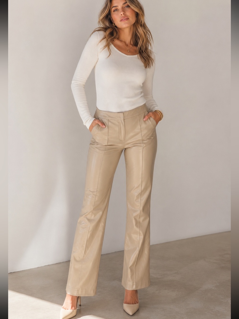 FORE | Ivory Beige Faux Leather Flare Pants Sz S